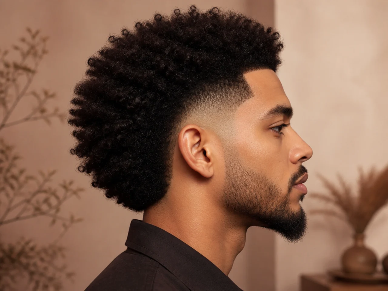An afro with a burst fade opening only at the ear