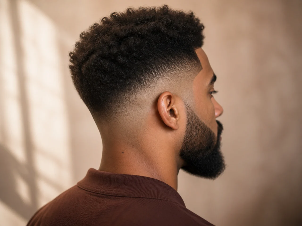 An afro high fade with a beard