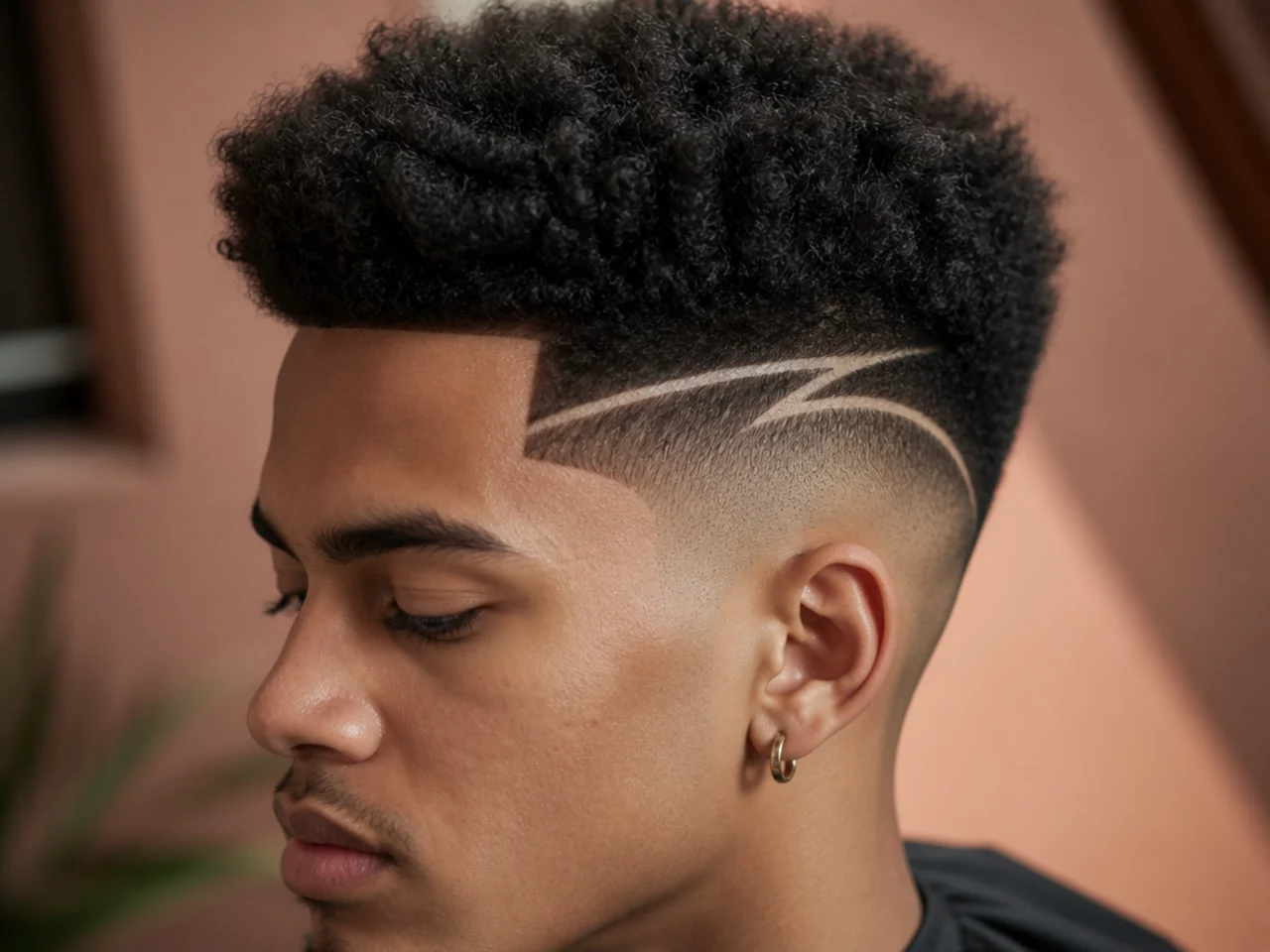An afro high fade with a design