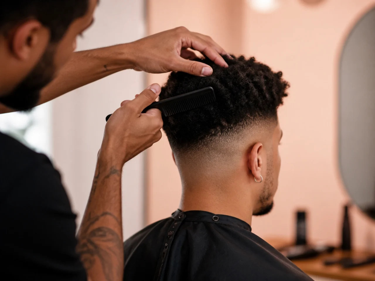 A barber shaping the top of an afro high fade