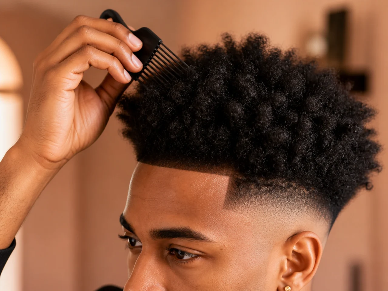 An afro being picked out above a high fade