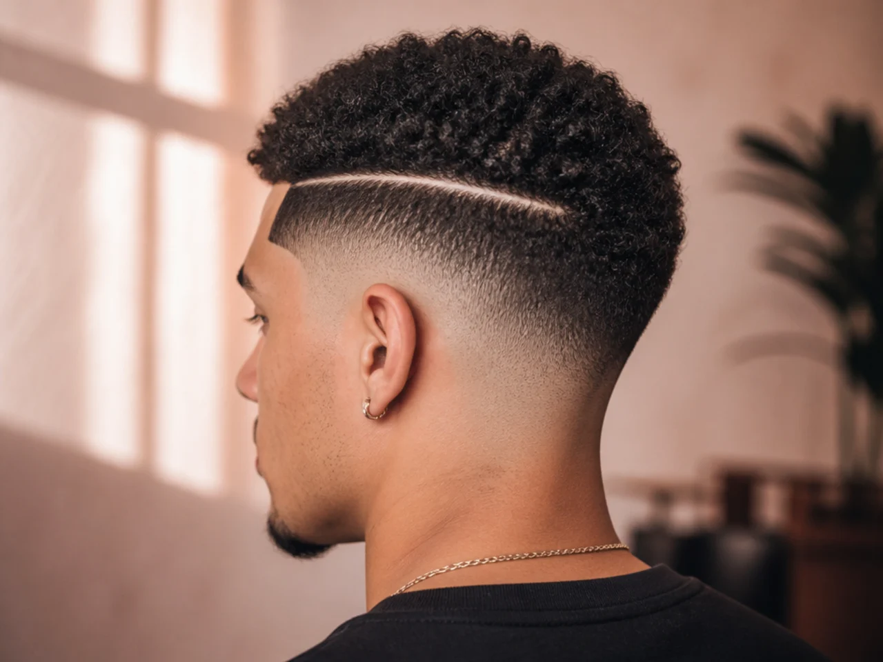 An afro mid fade with a hard part