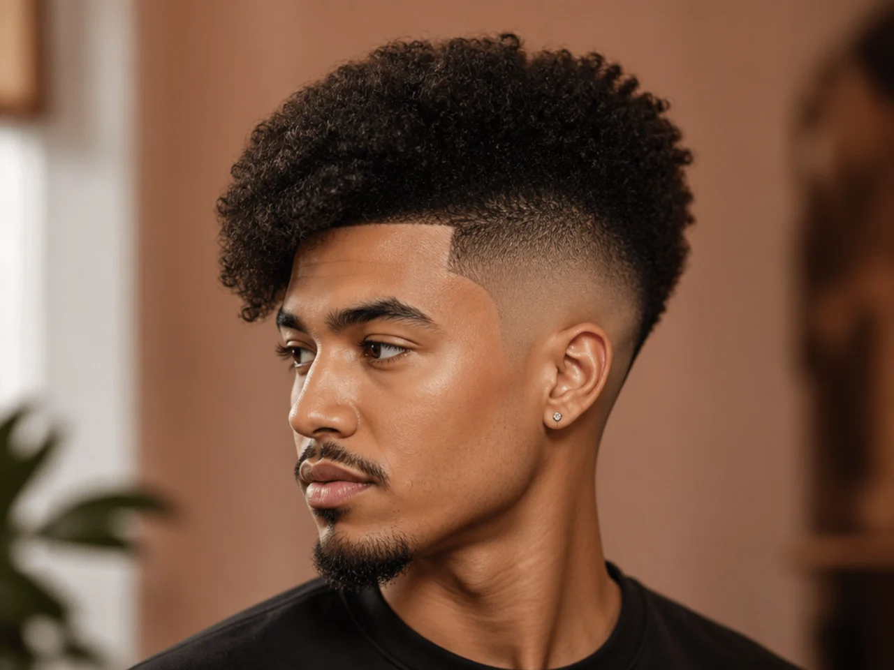 An asymmetric afro mid fade