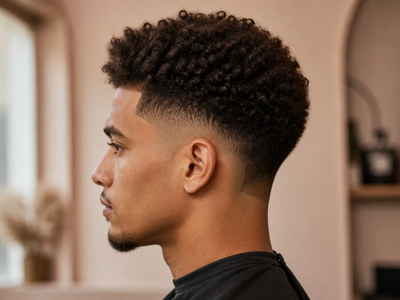 An afro mid fade with a blocked nape