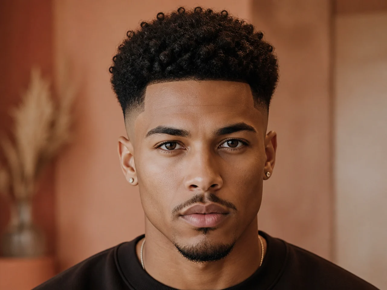 A short afro with a mid fade