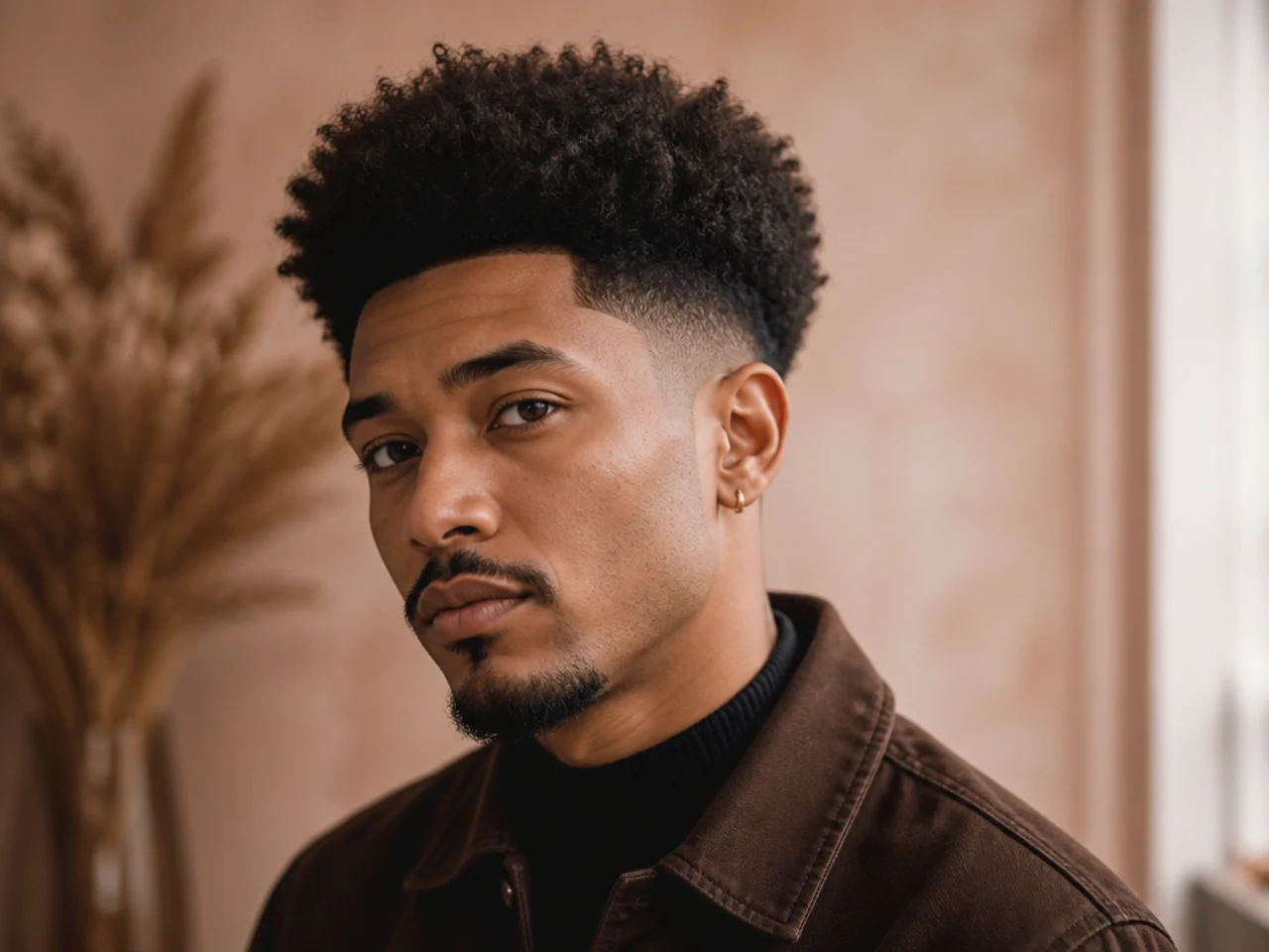 A tall afro with a mid fade