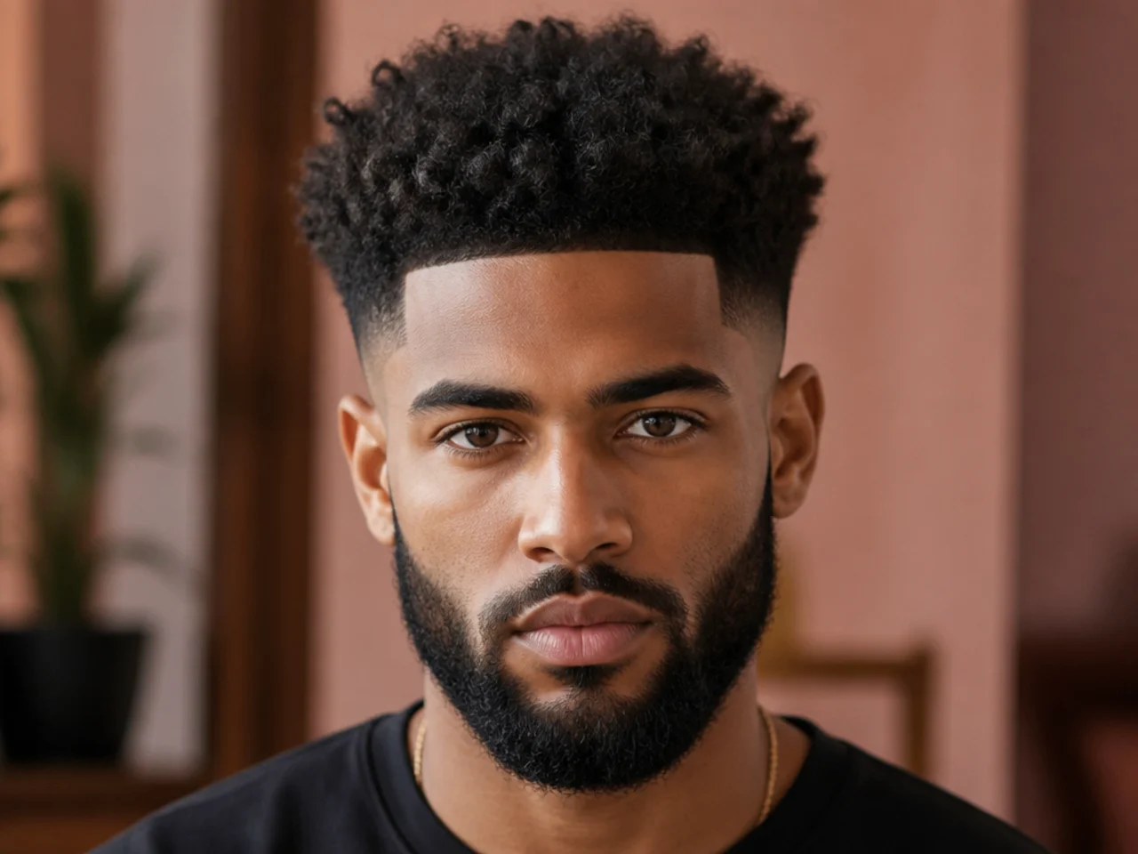 An afro mid fade with a beard