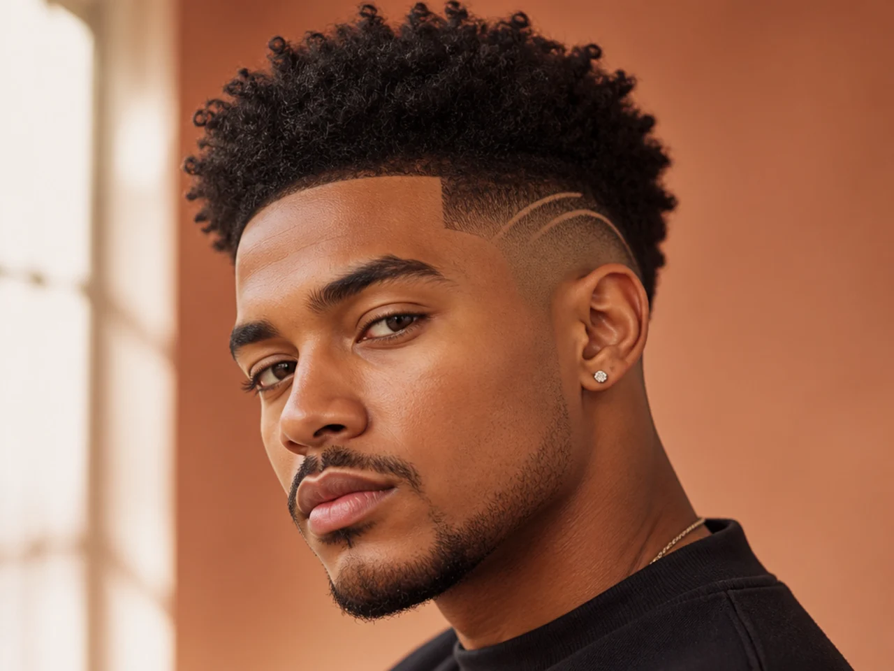 An afro mid fade with a design
