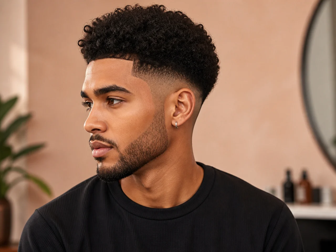 Three-quarter view of an afro mid fade