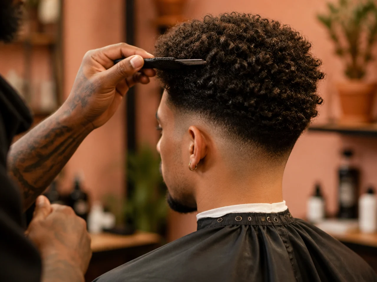 A barber picking out an afro before setting the fade height