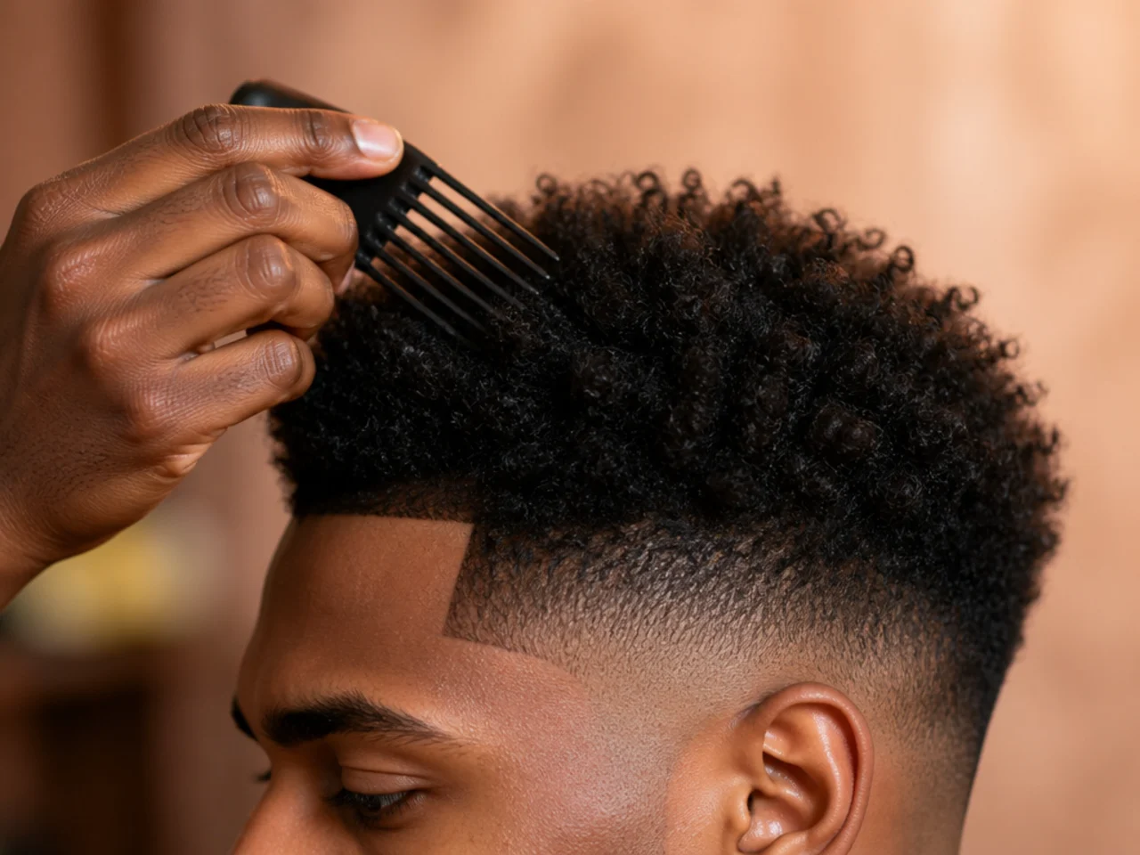 An afro being picked out above a mid fade line