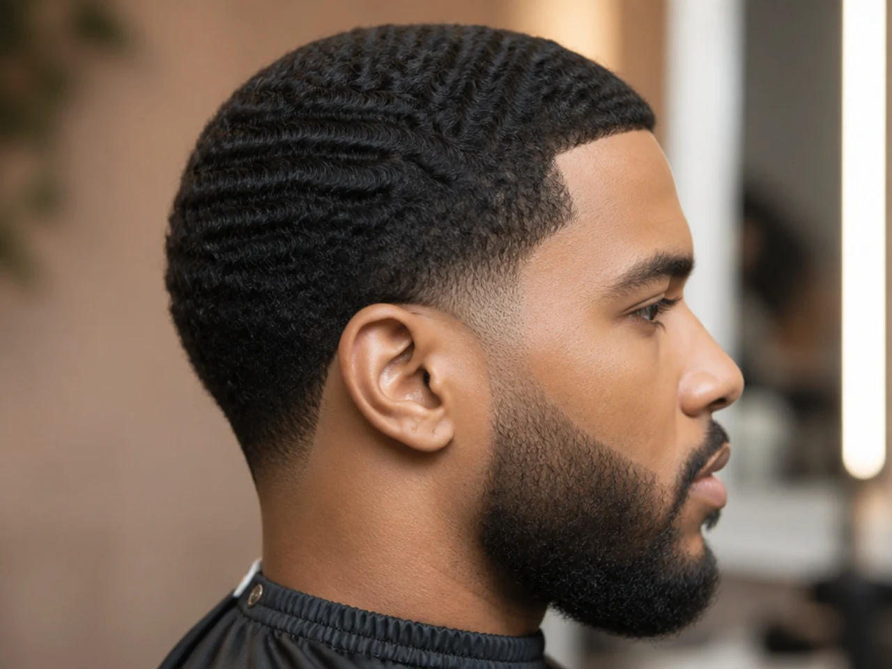 Hybrid style with 360 waves at the front and sides and a small two-inch afro at the crown with a low taper