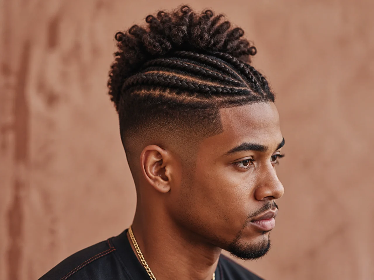 Short cornrows braided into a small crown afro with a mid taper fade on the sides