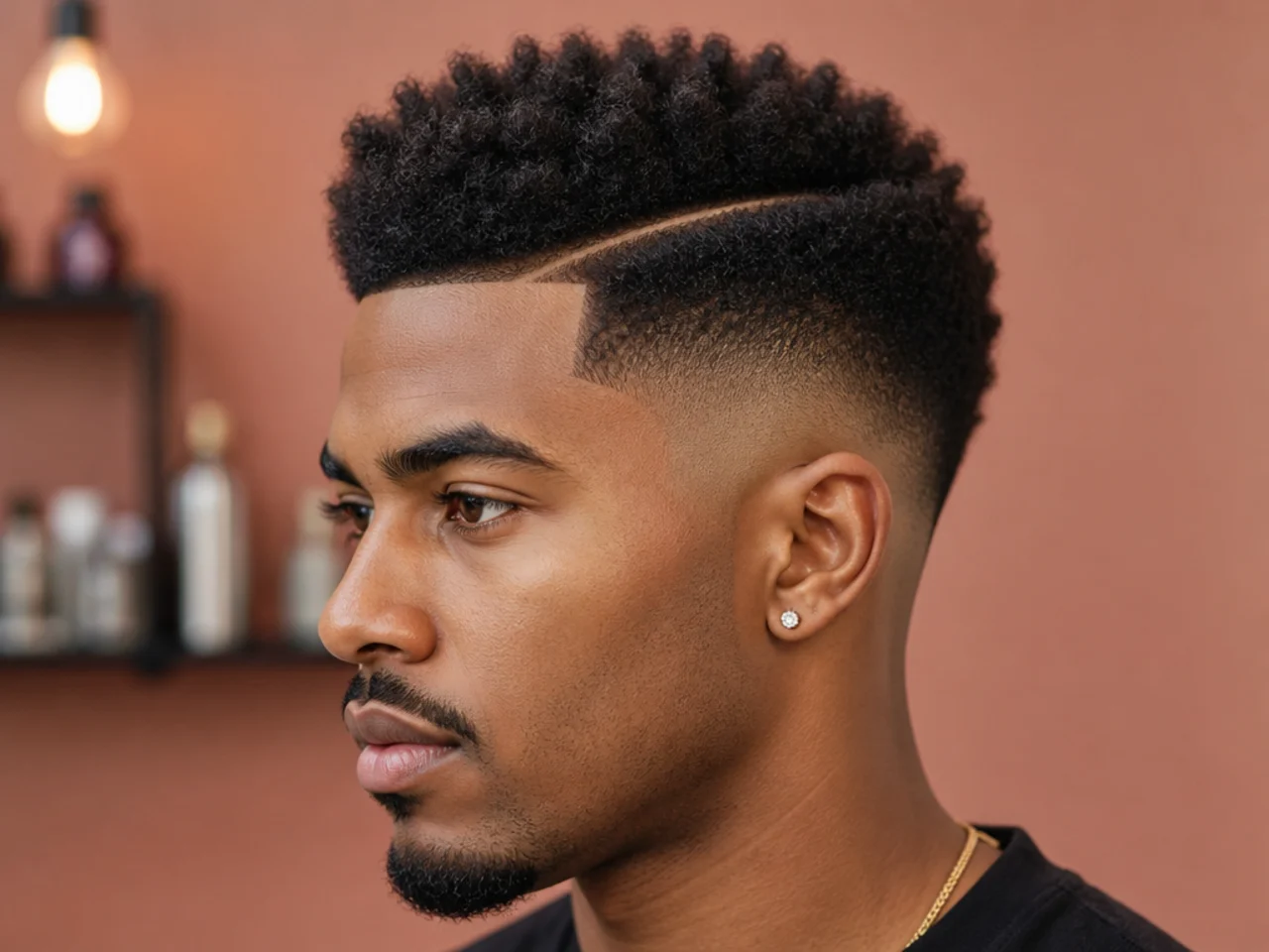 High taper afro fade with a razored hard part along the left side and a three-inch afro on top