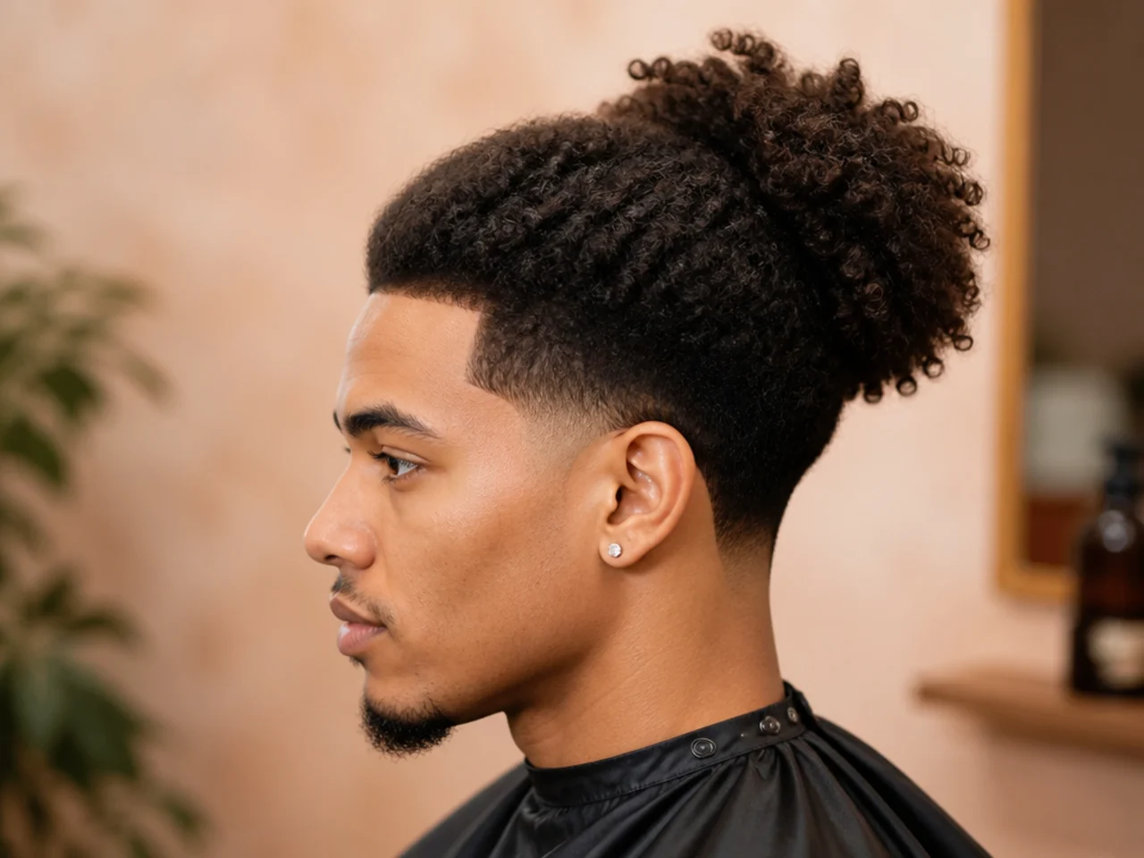 Curly brushed-out afro puff shape on 4A hair with a soft low taper fade