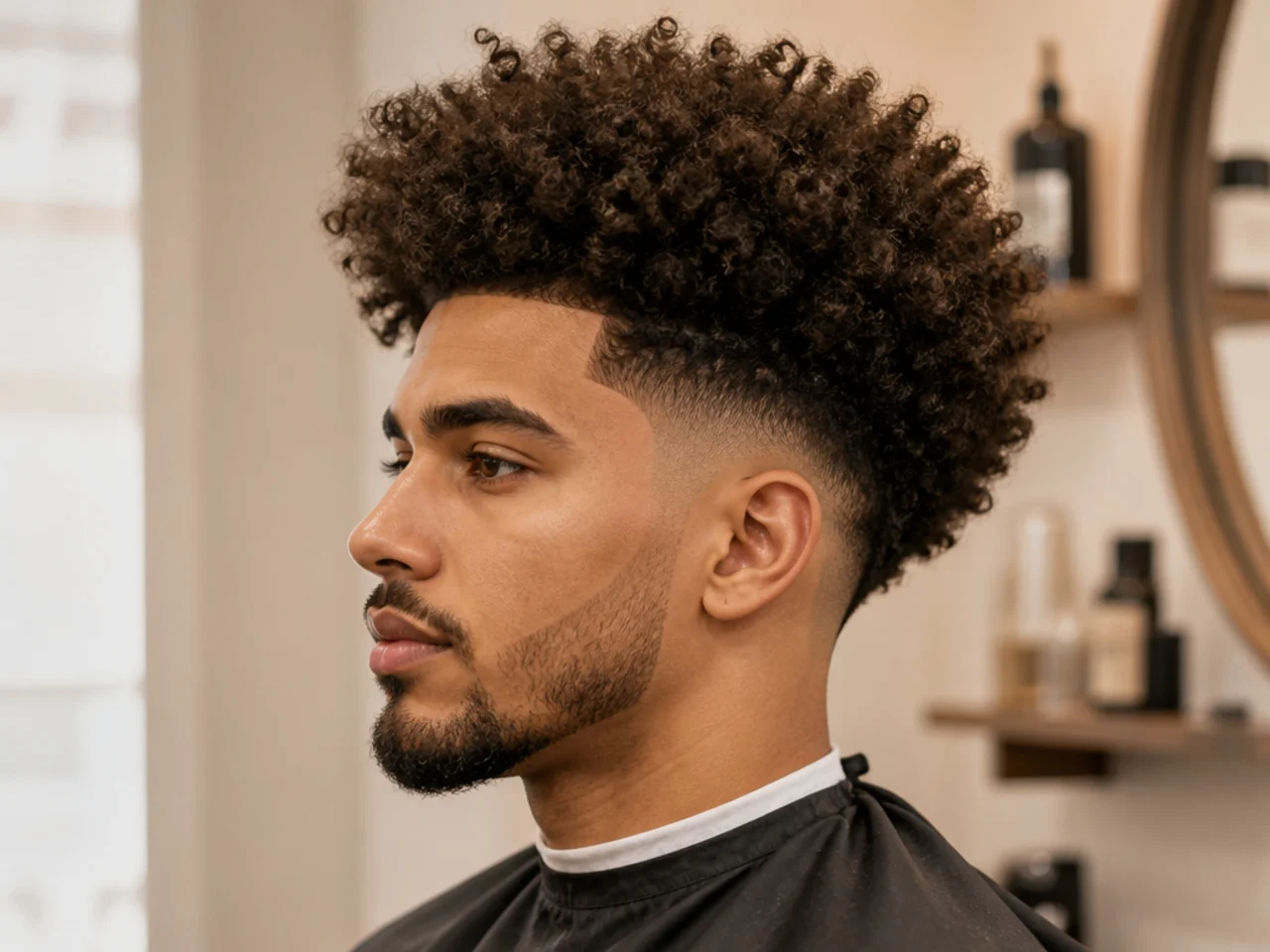 Blowout afro with a curly fringe at the front and mid taper fade on the sides