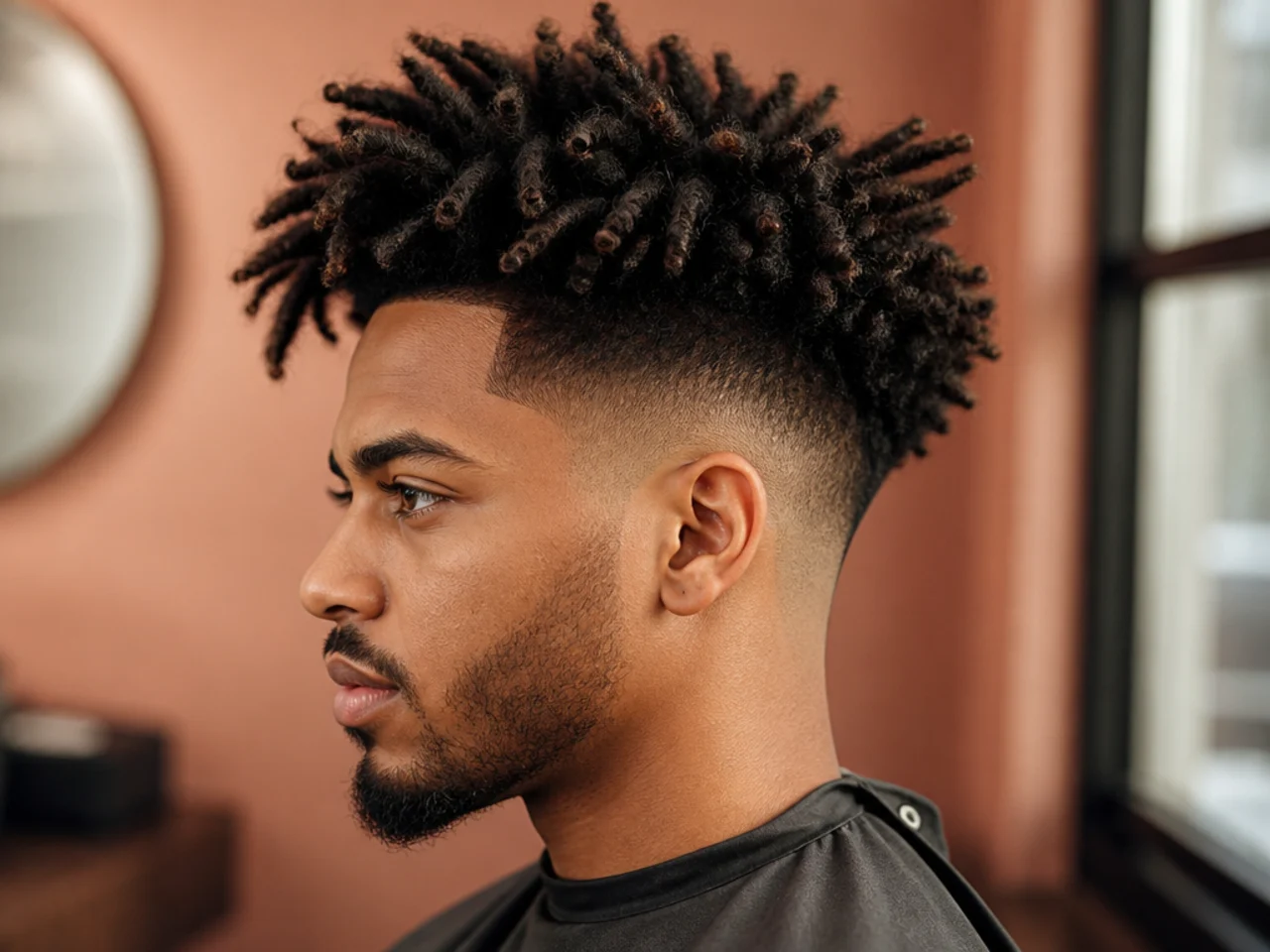 Starter locs blending into a small afro shape on top with a high taper fade on the sides