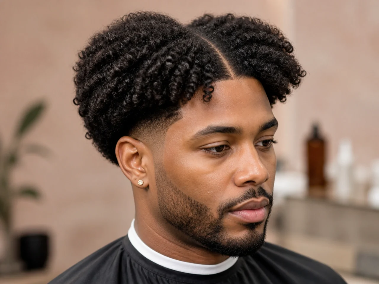Kinky coily 4A hair split into a natural middle part with a low taper fade on the sides
