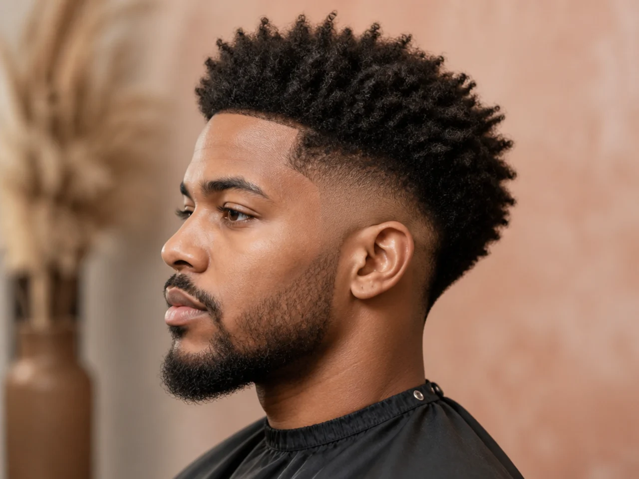 Textured two-inch afro with a matching beard blended into a mid taper fade on the sides
