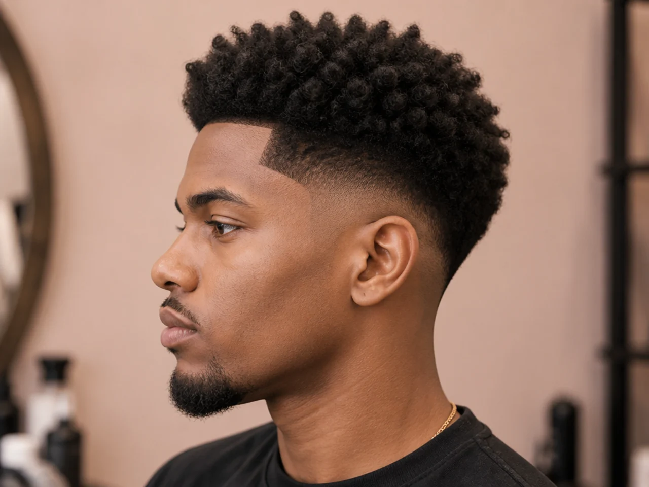 Sponge-styled two-inch afro with defined coils and mid taper fade at the temple
