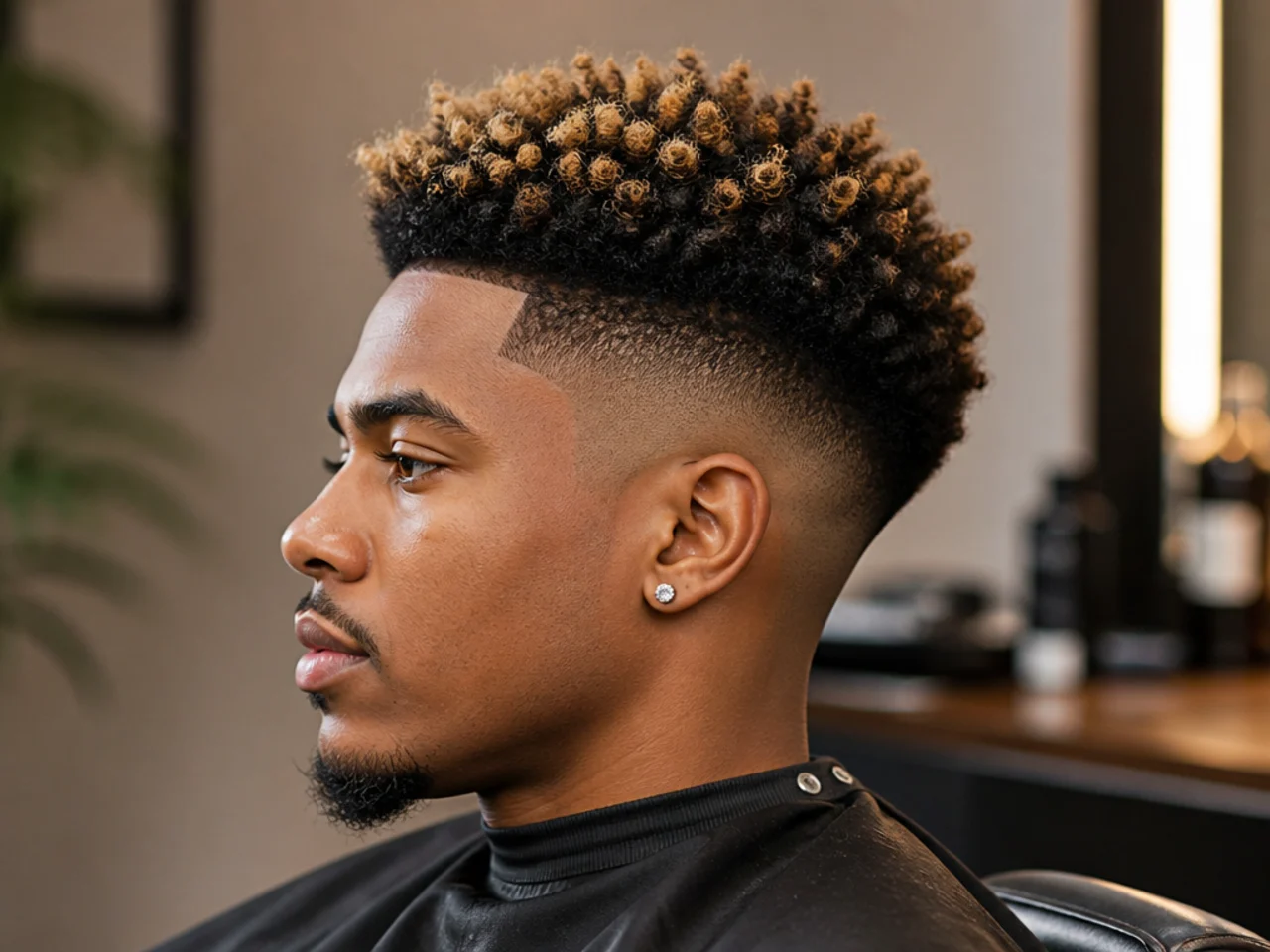 Three-inch afro with bleached blonde tips over dark roots and a high taper fade on the sides