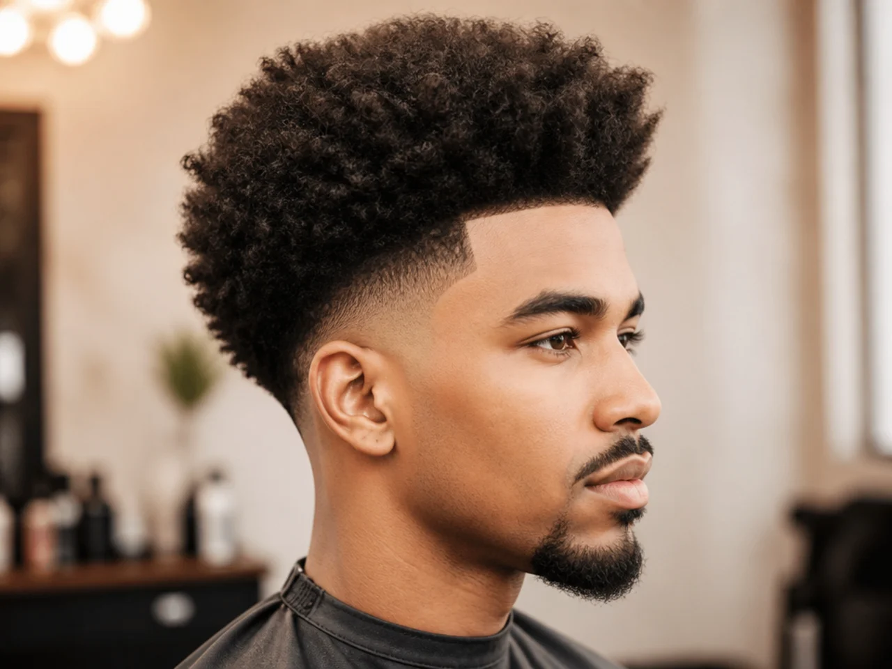 Tall four-inch blowout afro with a high taper fade and picked-out volume on a Black man