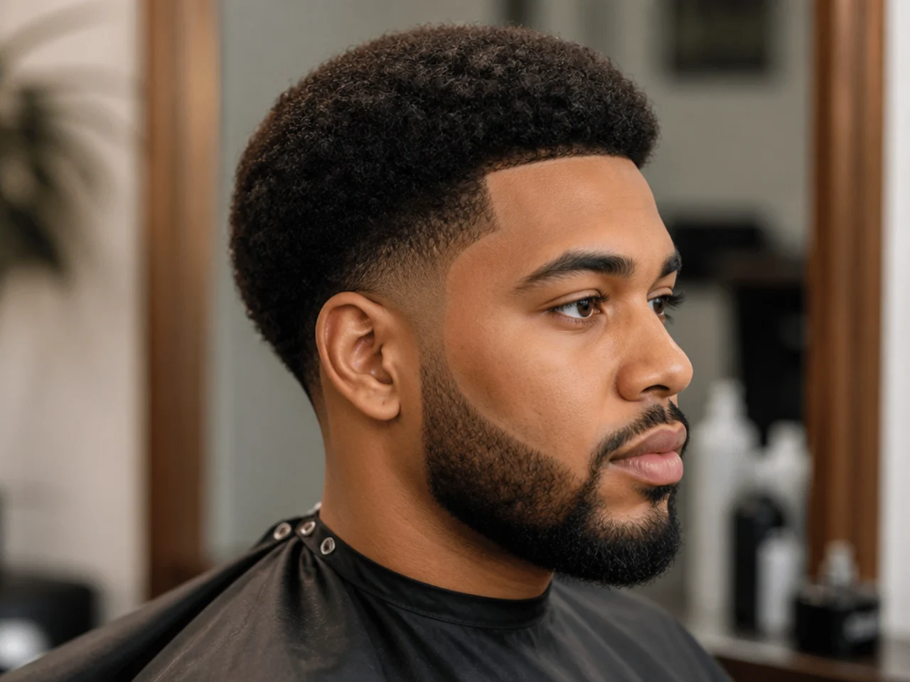 Rounded one-inch mini afro on 4B hair with a clean low taper fade at the sides