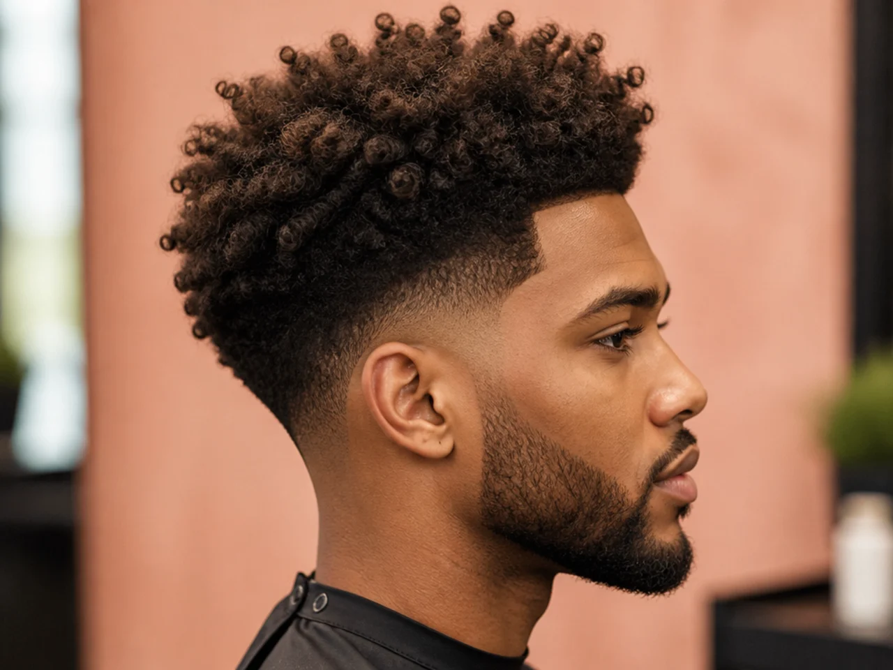 Drop taper fade with the transition line arcing behind the ear and a three-inch textured afro on top