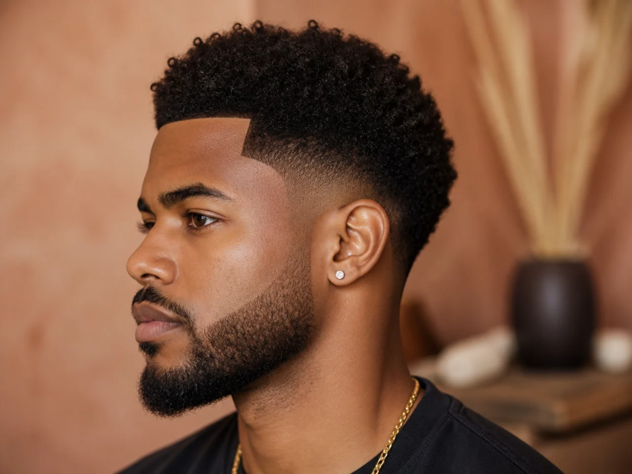 Low taper afro fade with a sharp razored line-up at the forehead and temples framing a two-inch 4C afro