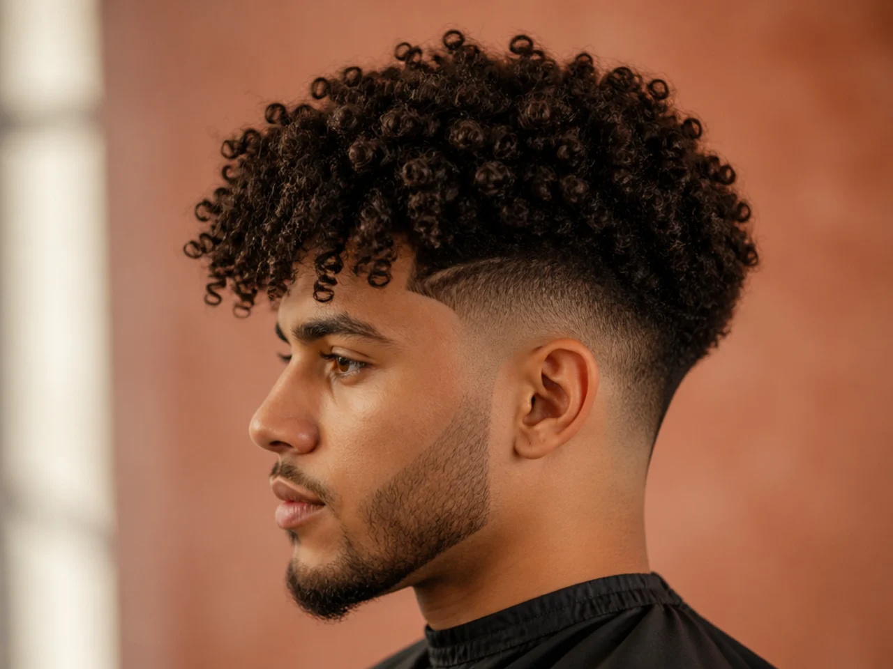 Mid taper fade with the front pieces of a three-inch afro left long enough to fall as a curly fringe past the brows