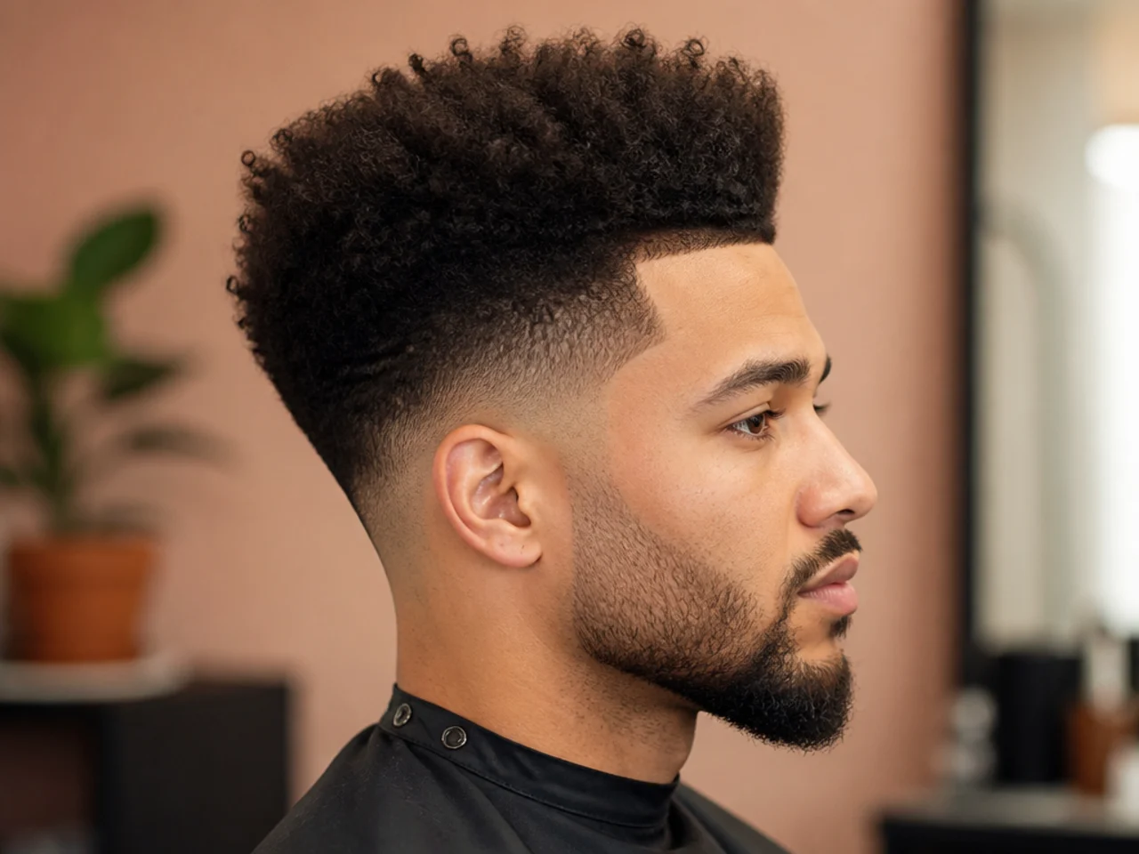 Classic 90s-style high top afro with a flat crown and high taper fade sides on a Black man