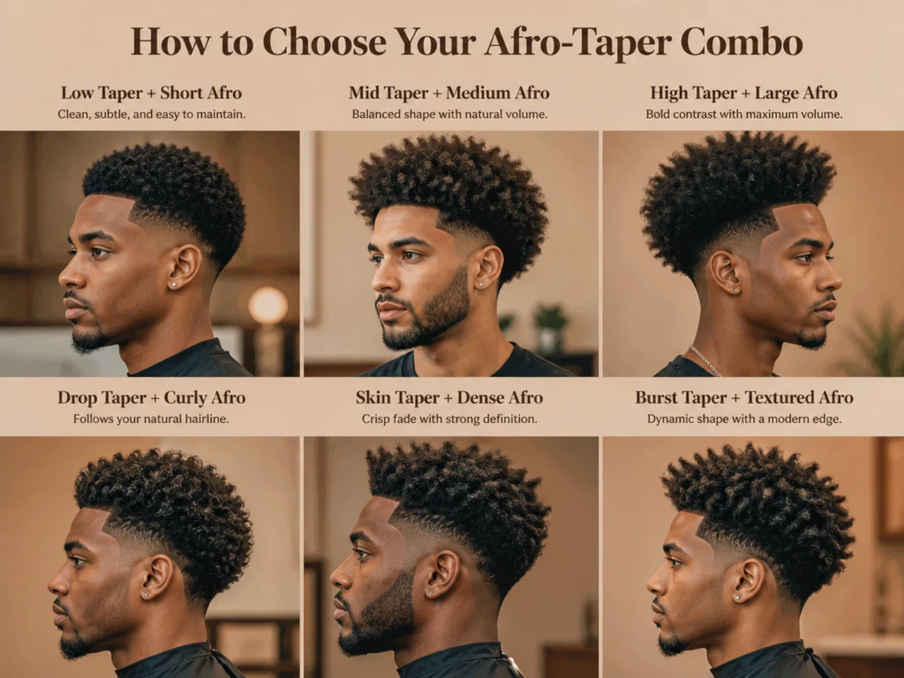 Three Black men side by side showing short, medium, and tall afro tops paired with low, mid, and high tapers