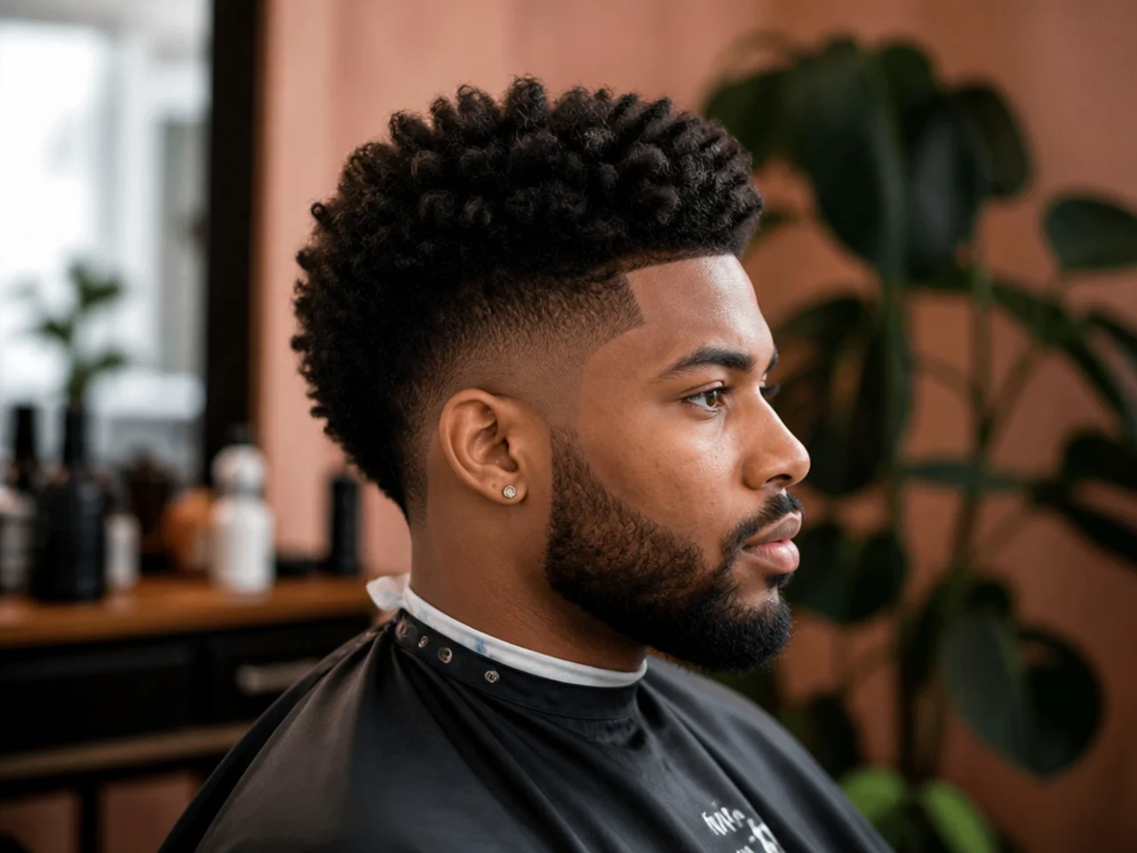 Afro hair styling essentials laid out — leave-in, curl cream, afro pick, curl sponge, boar-bristle brush, satin bonnet