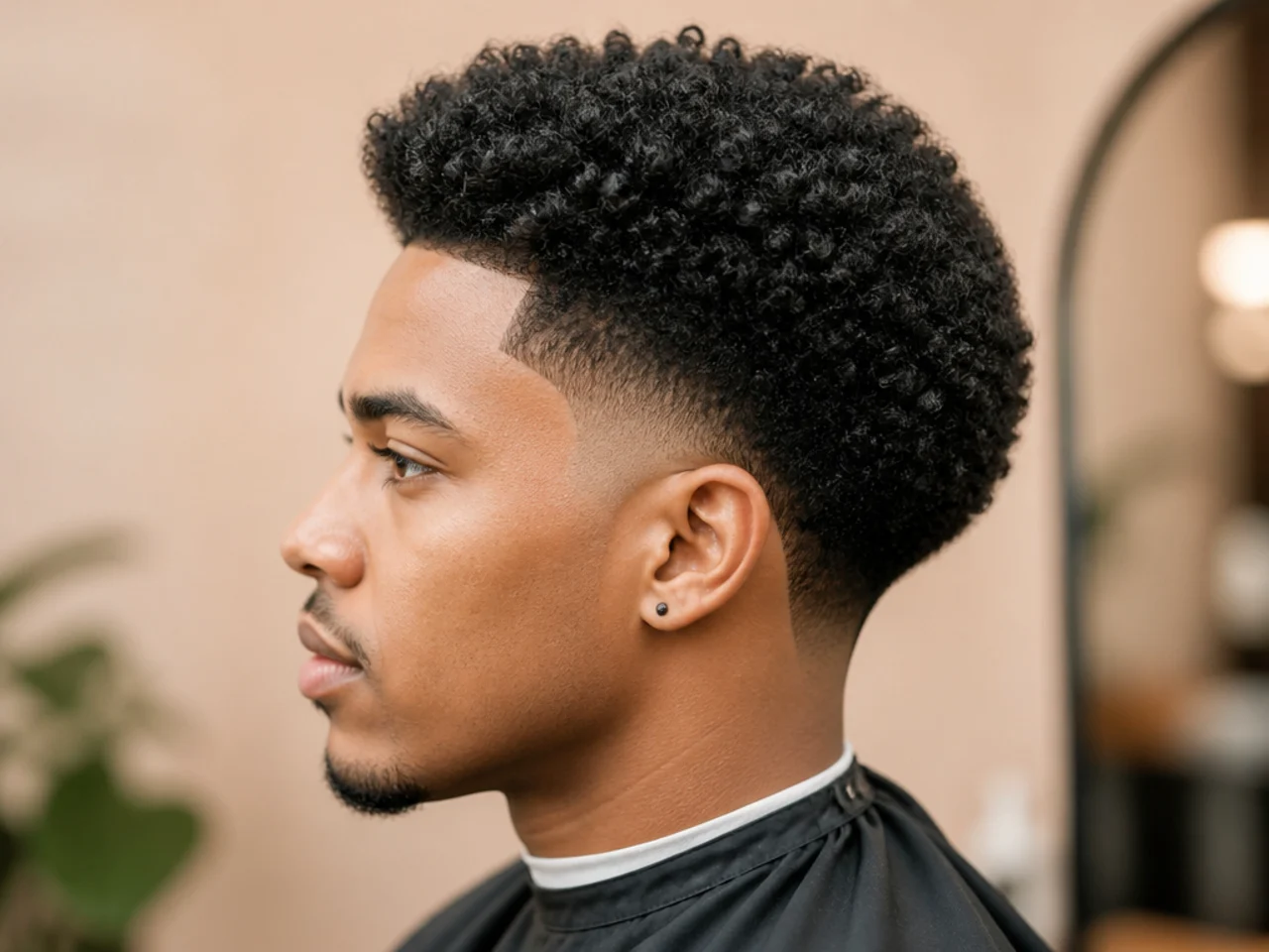 Fresh afro taper fade on 4B natural hair with a soft blend above the ear and a rounded three-inch afro on top