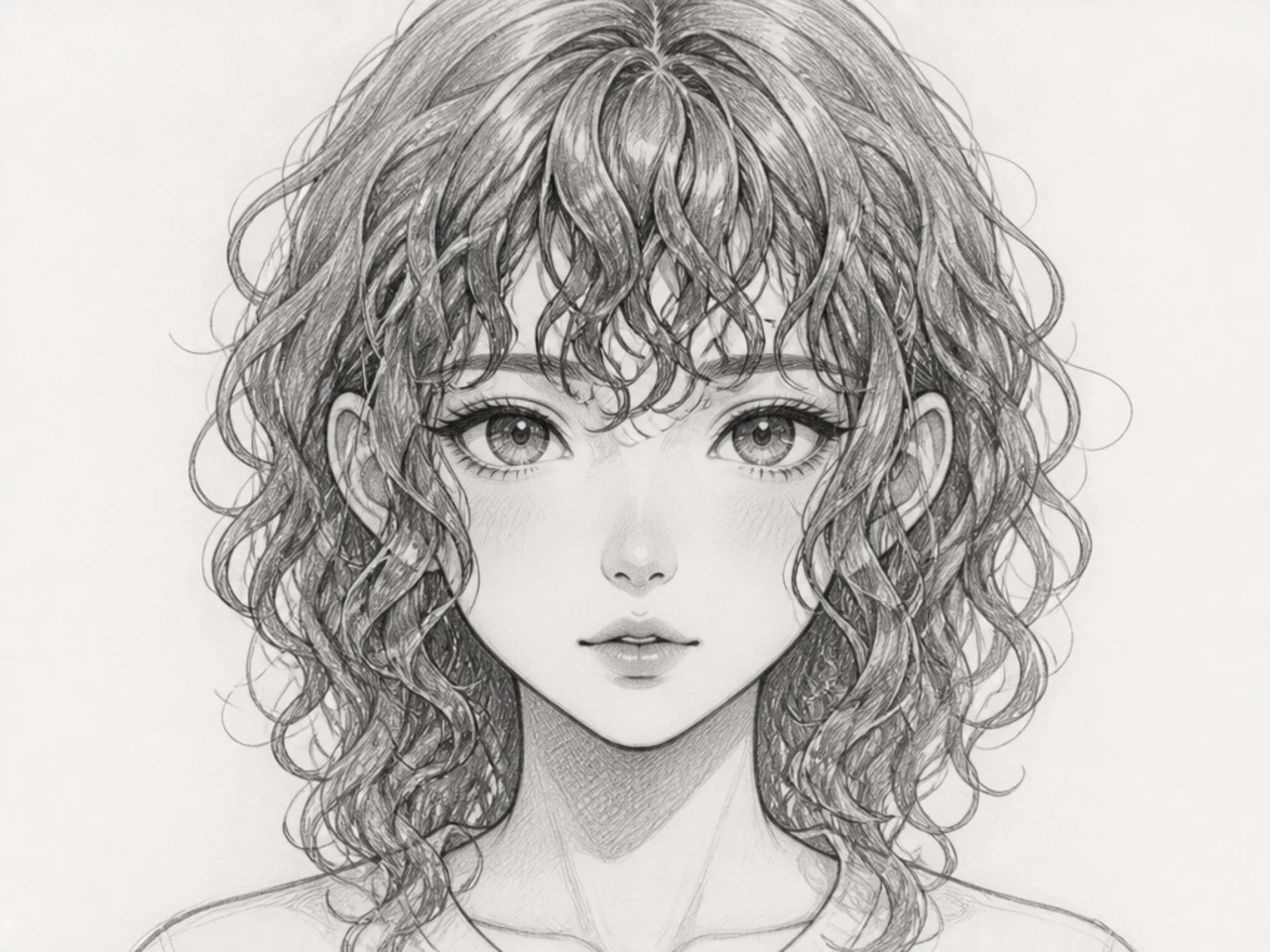 An anime curly fringe with face-framing clumps