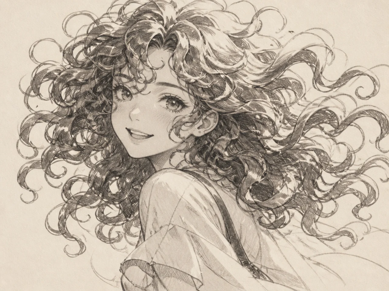 Anime curly hair drawn in motion