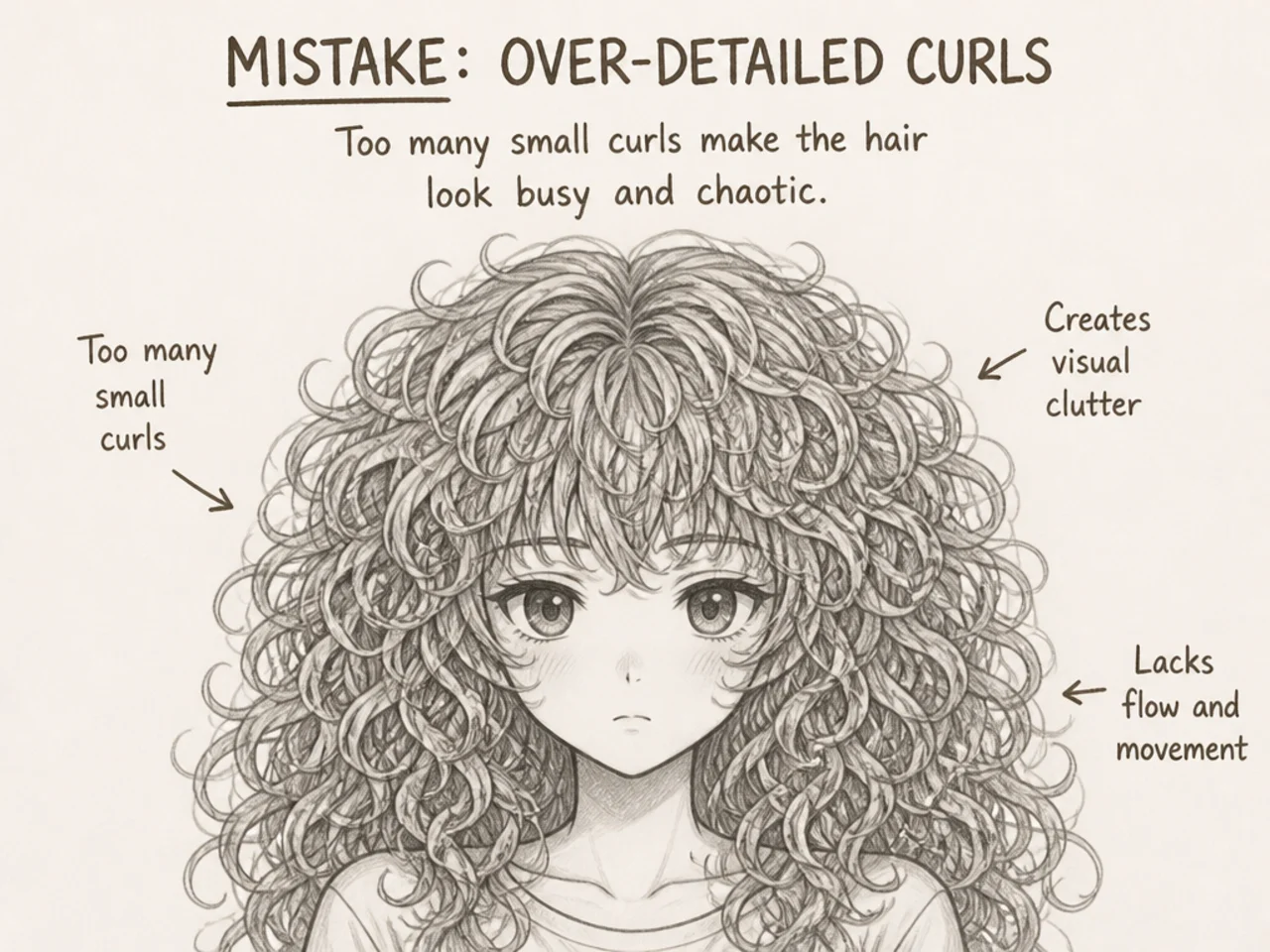 Over-detailed anime hair with too many small curls