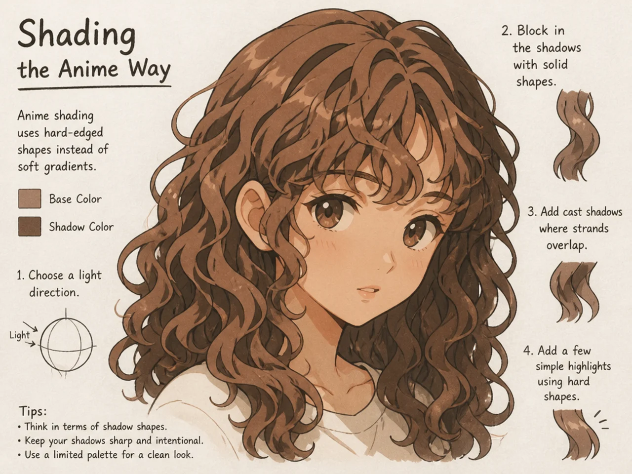 Hard-edged cel shadow shapes on anime hair