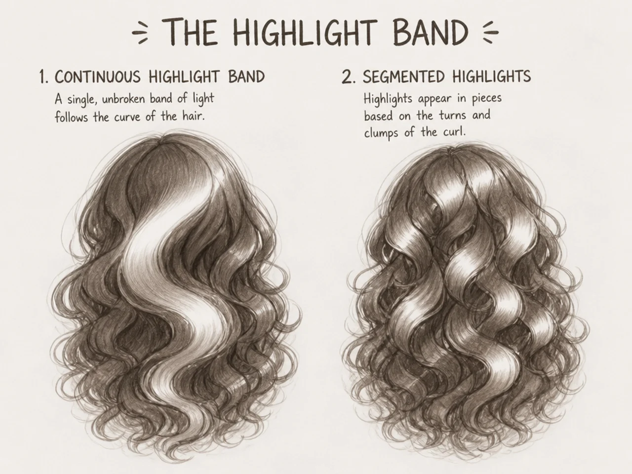 A continuous highlight band beside segmented highlights on curly clumps