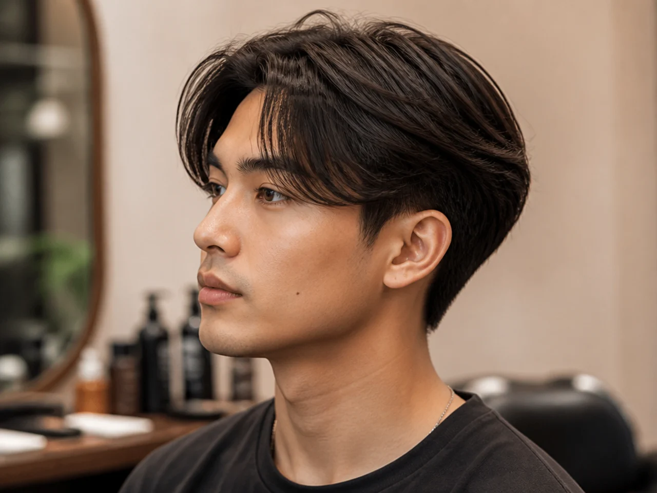 Curtain bang blowout taper on East Asian hair with center-parted bangs framing the face and volume behind