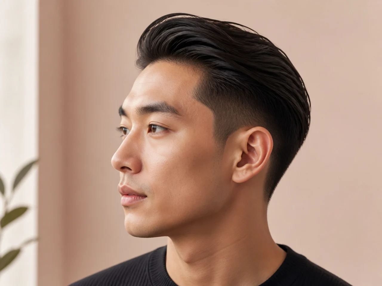 Slicked-back blowout taper on East Asian hair with volume swept straight back and clean tapered sides