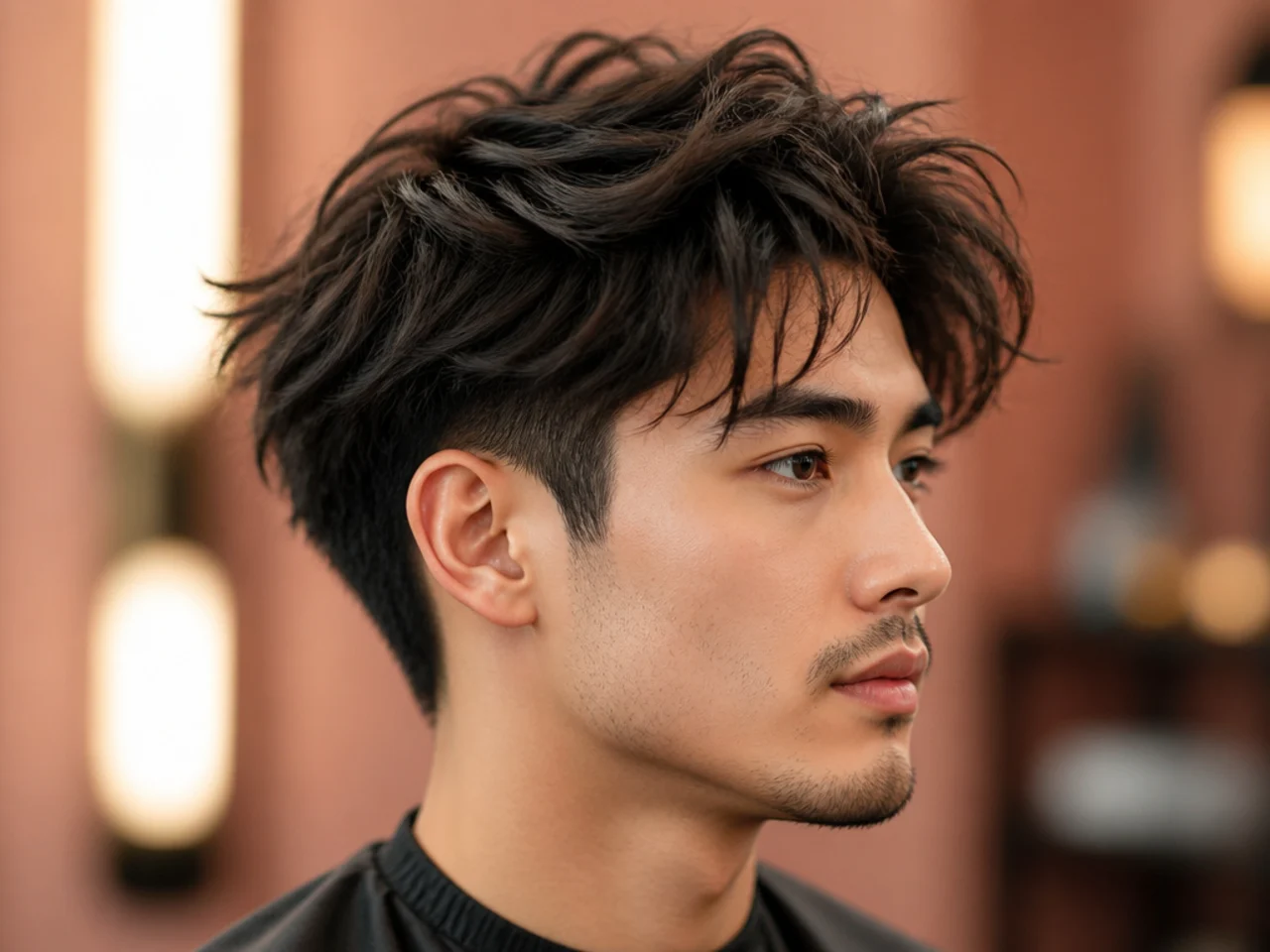 Messy piecey blowout taper on East Asian hair with lived-in finger-broken texture on top