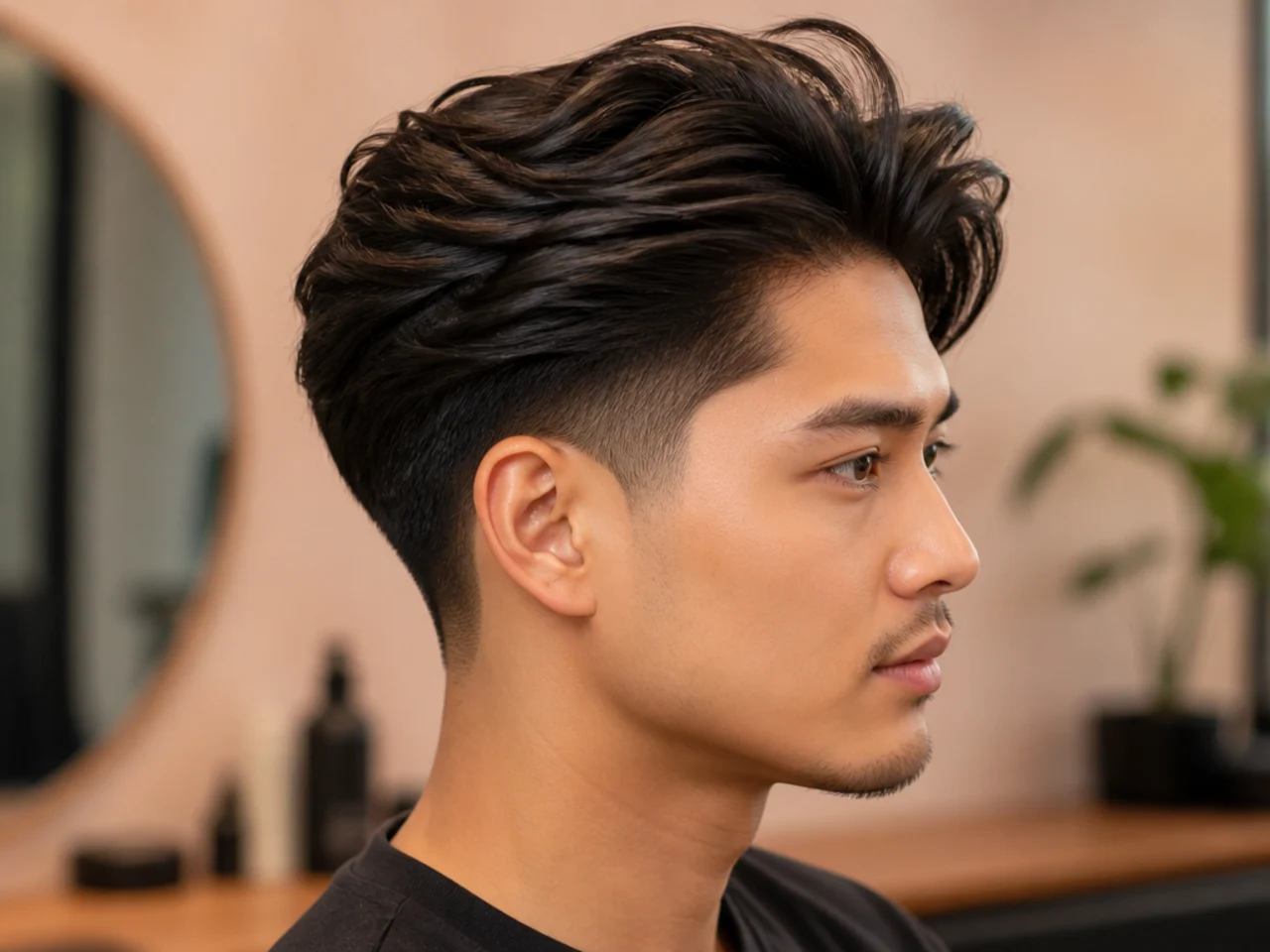Long-top blowout taper on thick East Asian hair with six inches of length and a full swept back crown