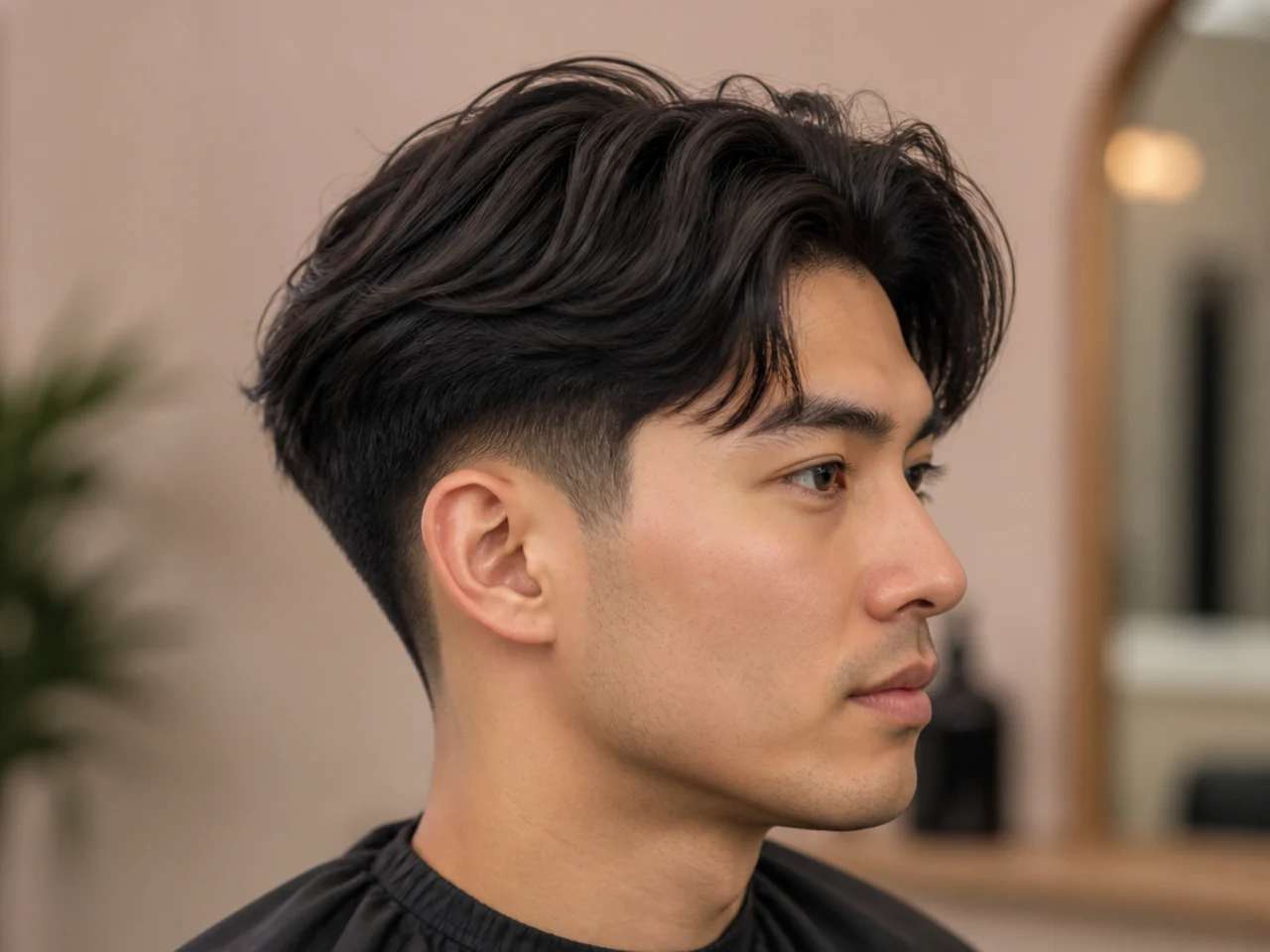 Grid of Asian blowout taper haircut variations across fade heights and top shapes on East Asian models