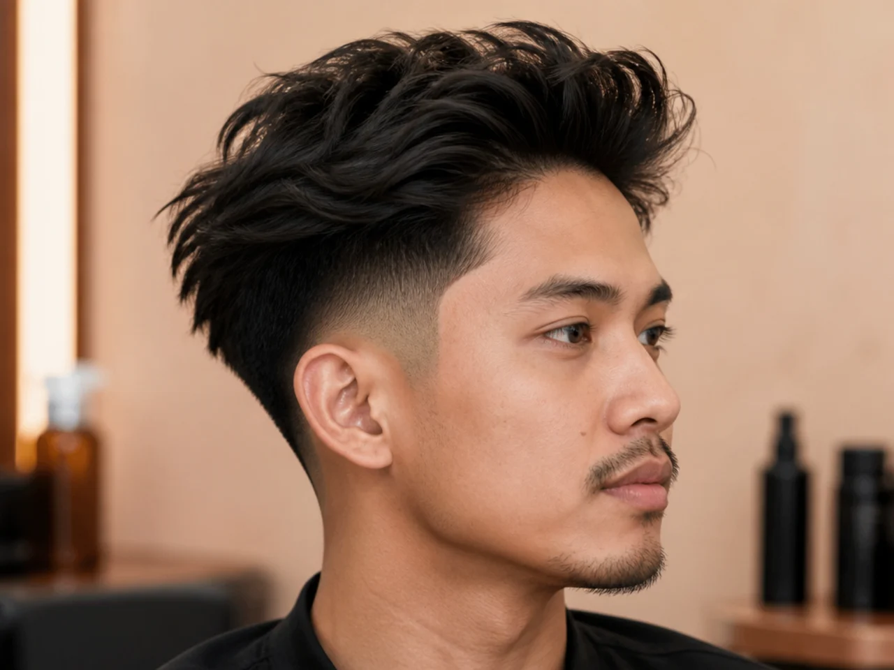 Mid drop fade blowout on East Asian hair with fade arcing down behind the ear and full round-brush crown