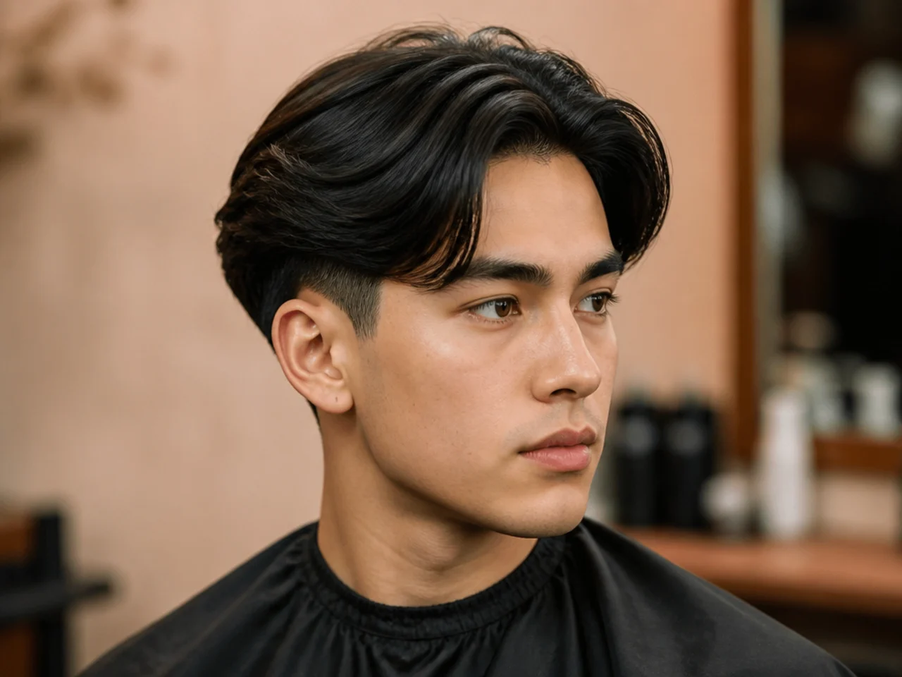 Low taper blowout with a soft Korean middle part on East Asian straight hair