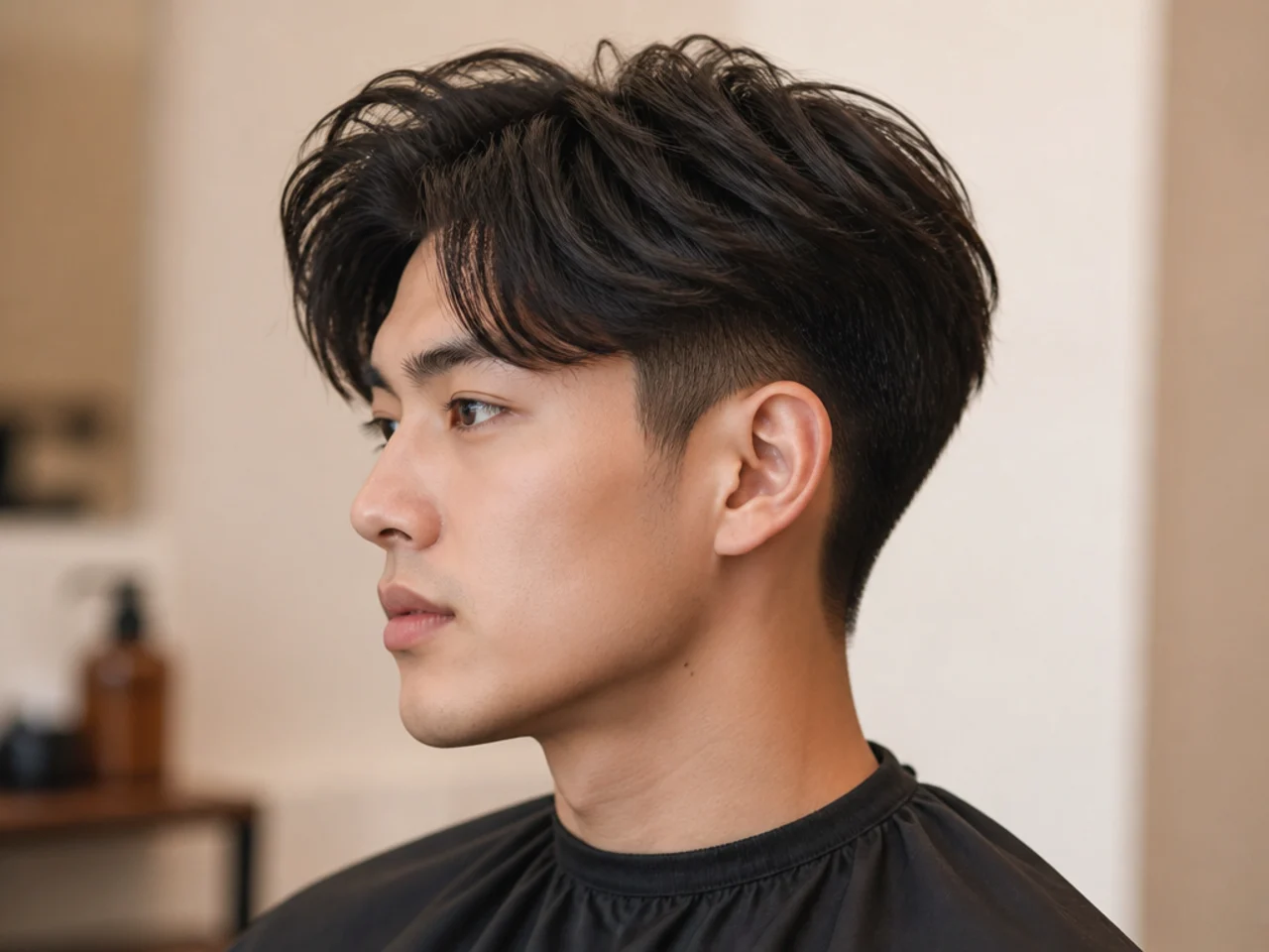 Two-block blowout taper on East Asian hair with disconnected long top over tapered sides