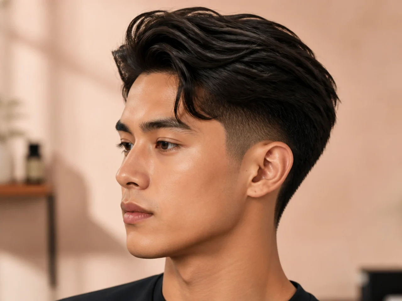 Comma hair blowout taper on East Asian hair with curved comma-shaped bangs and round-brush volume