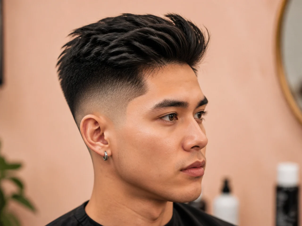 Mid skin fade blowout on East Asian hair with sharp bare temple line and full crown volume