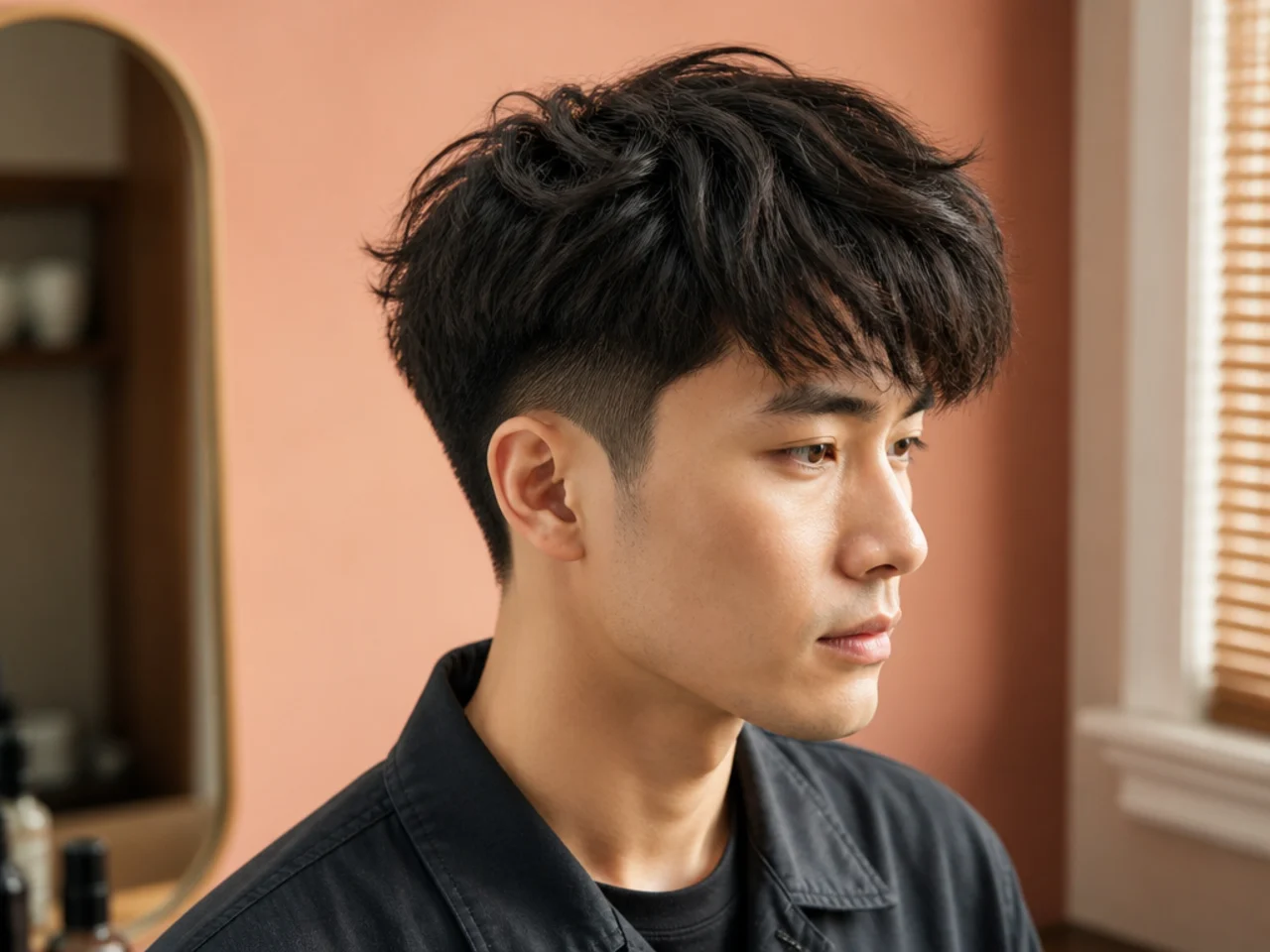 Textured fringe blowout taper on East Asian hair with chopped fringe pushed forward and full crown volume